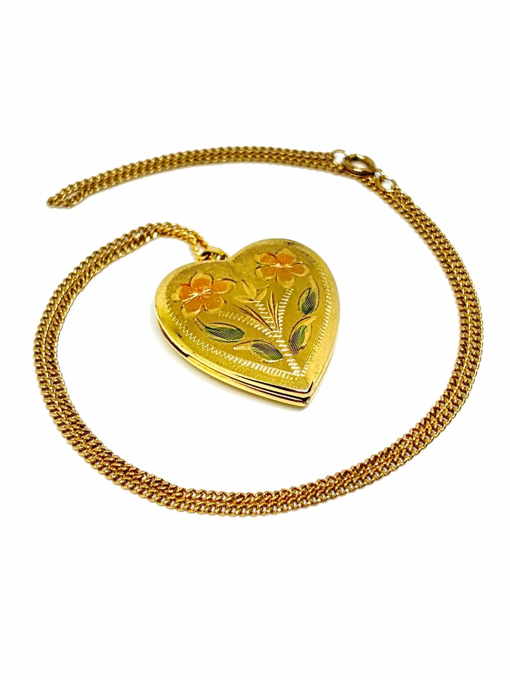 14k Gold Filled Etched Art Nouveau Floral Roses Heart Locket 17” Chain Necklace